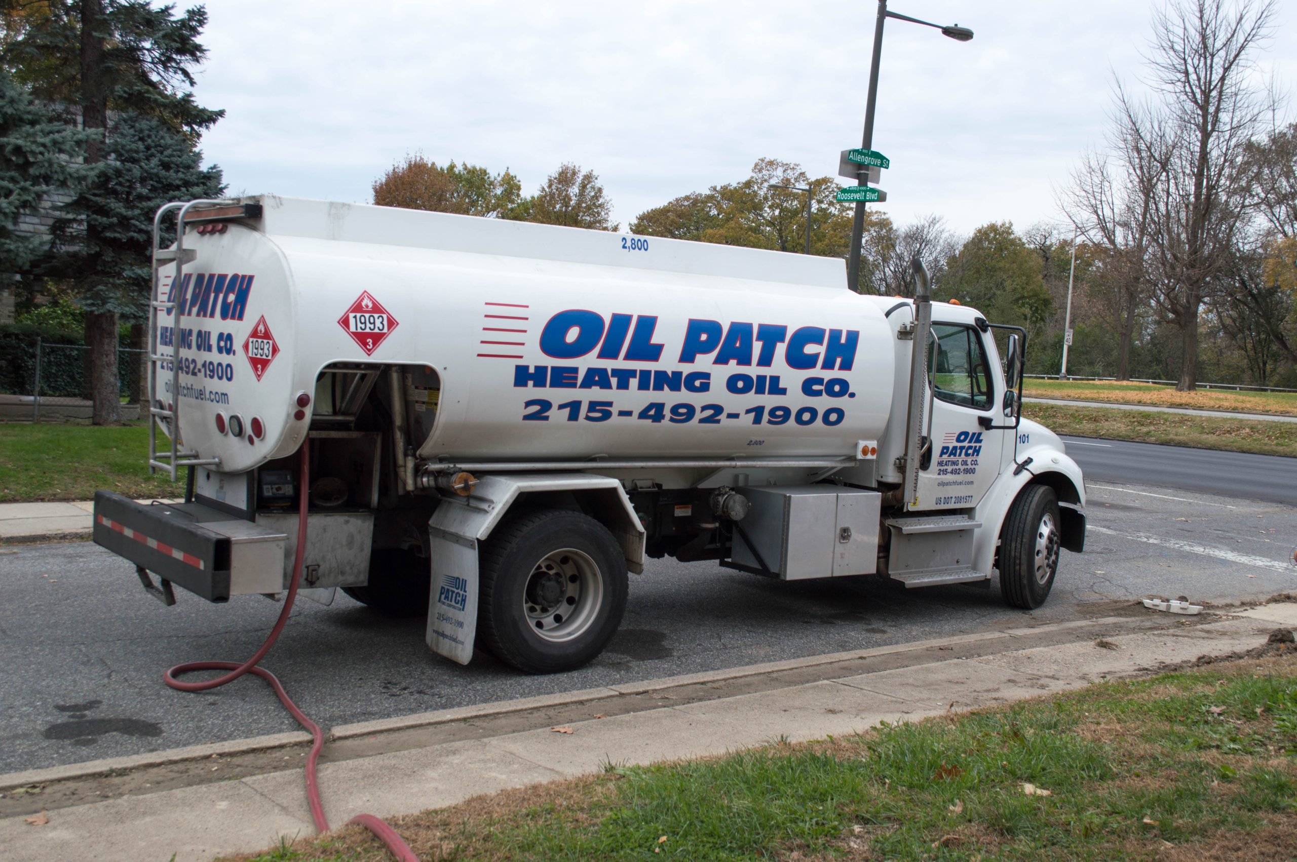 Oil Patch Fuel Home Heating Delivery Truck delivering oil to Philadelphia customer in the Northeast